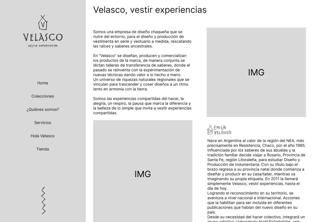 Wireframe o boceto de la estructura de la web de Velasco de autores